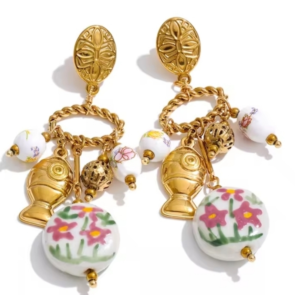 New! Ceramic Bead Flower Gold Fish Charm Huggie Hoop Earrings Gold Plated | NWOT